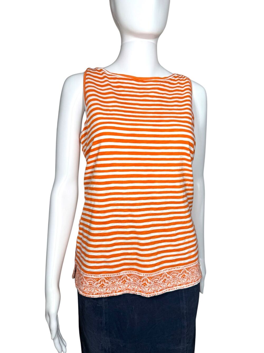 Talbots Orange White Stripe Paisley Trim 100% Cotton Tank Top Size Small